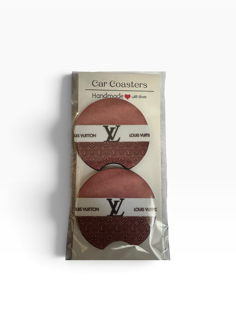 Handmade  white and Brown Monogram Car Coaster Set - 2 Pack